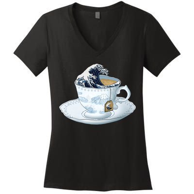 Tea Great Wave Off Kanagawa Women's V-Neck T-Shirt