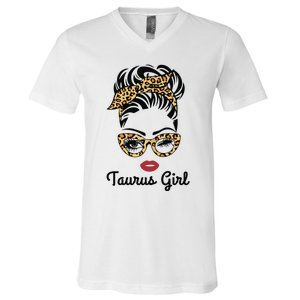 Taurus Girl Woman Face Leopard Bandana Wink Eye V-Neck T-Shirt