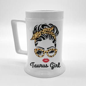 Taurus Girl Woman Face Leopard Bandana Wink Eye Beer Stein