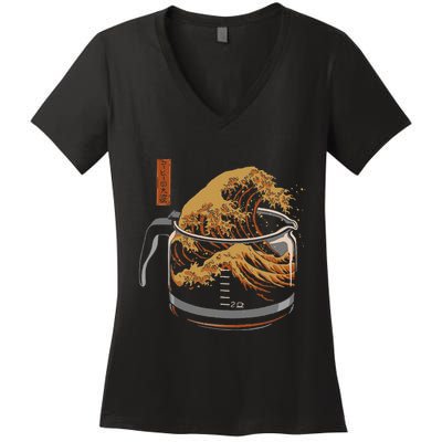 The Great Wave Of Coffee Funny Coffee I Love Coffee Women's V-Neck T-Shirt