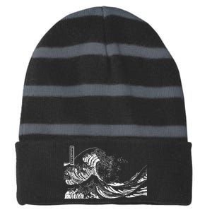 The Great Wave Classic Japanese Art Striped Beanie with Solid Band