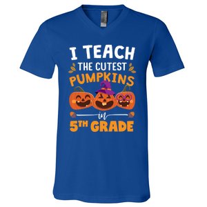 Teacher Halloween 5th Grade Teacher Cutest Pumpkins In Patch Cool Gift V-Neck T-Shirt