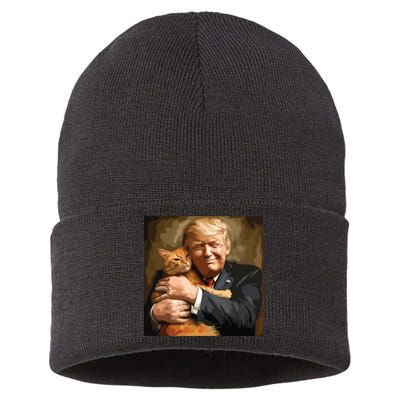 Trump Hugging An Orange Cat 2024 Sustainable Knit Beanie