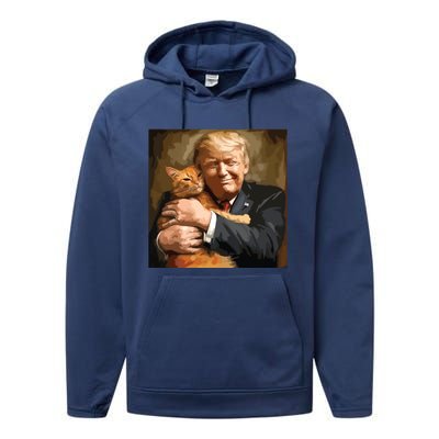 Trump Hugging An Orange Cat 2024 Performance Fleece Hoodie