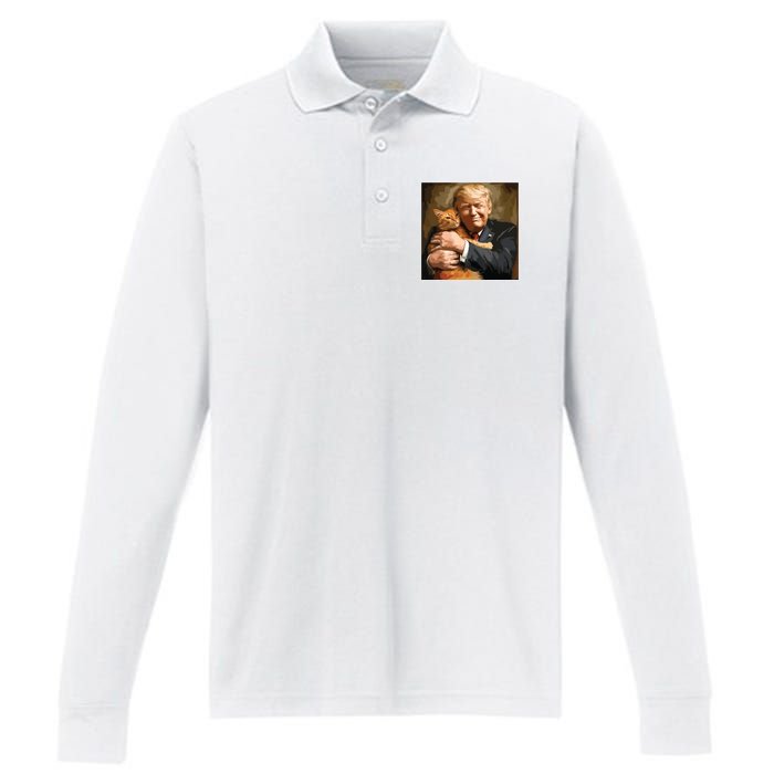 Trump Hugging An Orange Cat 2024 Performance Long Sleeve Polo