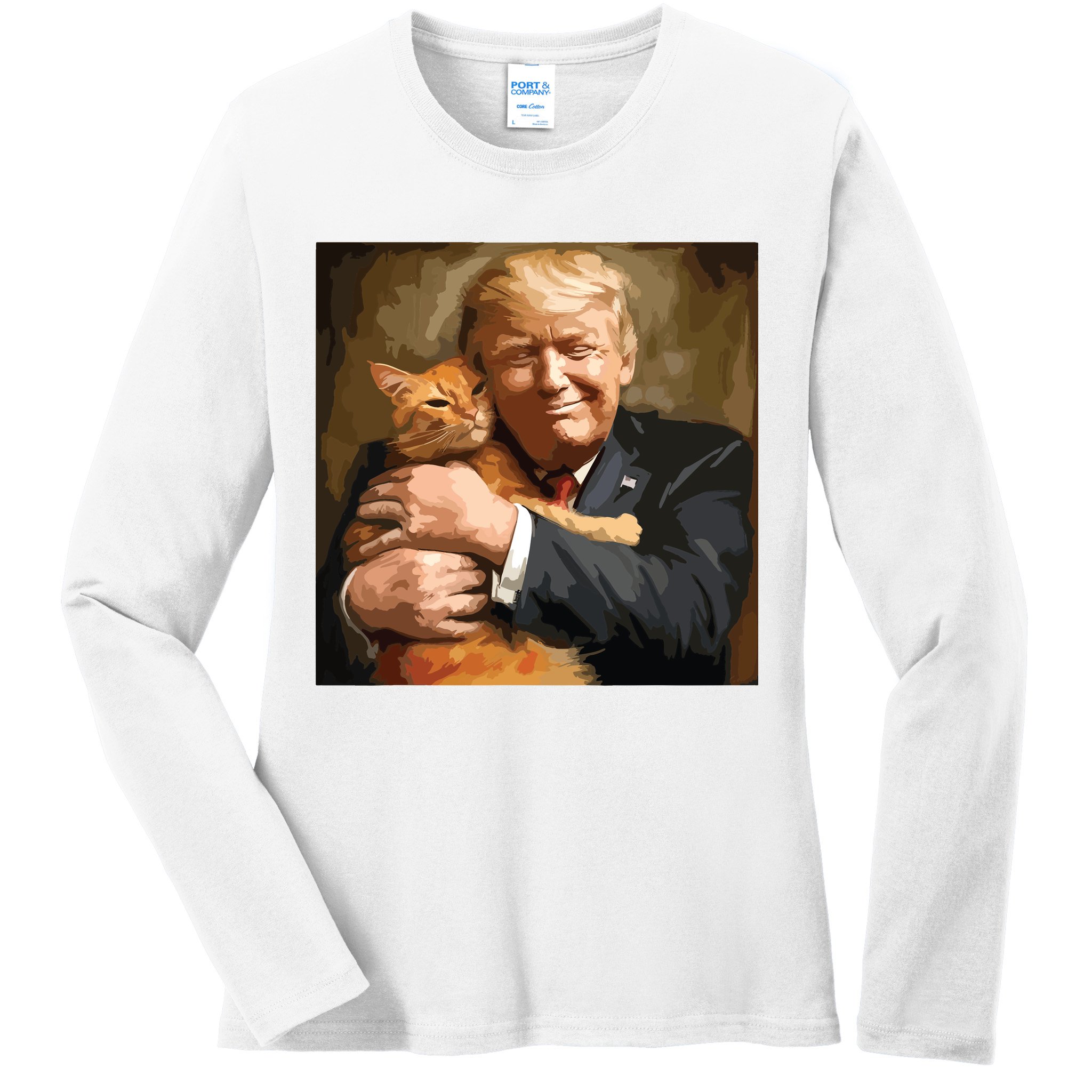 Trump Hugging An Orange Cat 2024 Ladies Long Sleeve Shirt