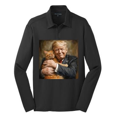 Trump Hugging An Orange Cat 2024 Silk Touch Performance Long Sleeve Polo