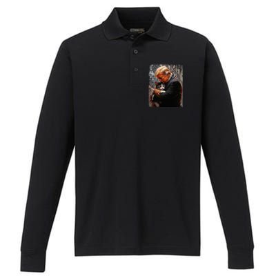 Trump Hugging An Orange Cat 2024 Make Cats Safe Again Performance Long Sleeve Polo