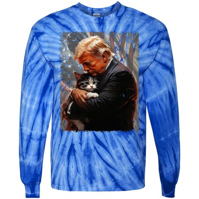 Trump Hugging An Orange Cat 2024 Make Cats Safe Again Tie-Dye Long Sleeve Shirt