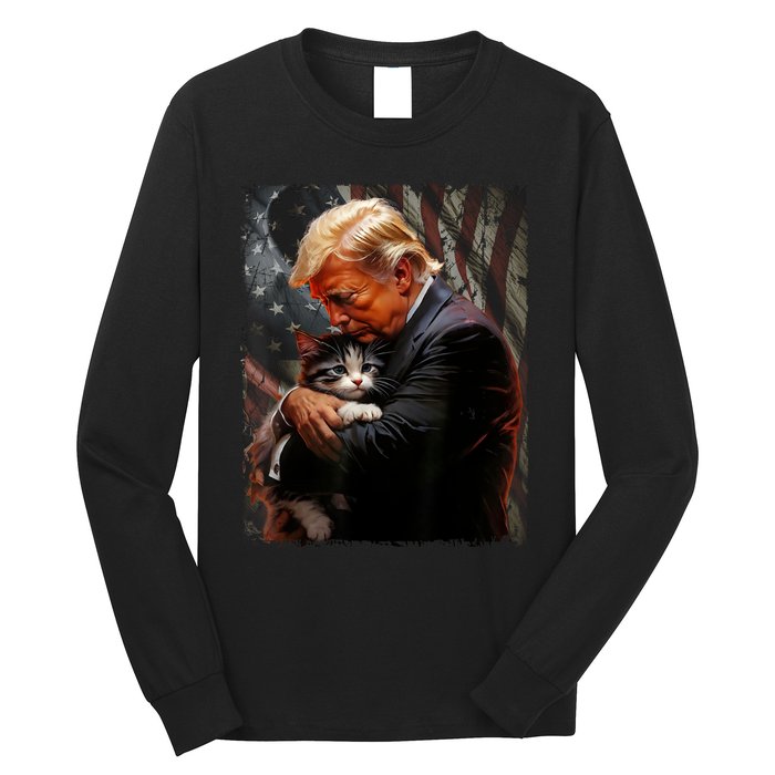 Trump Hugging An Orange Cat 2024 Make Cats Safe Again Long Sleeve Shirt