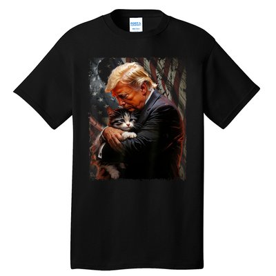 Trump Hugging An Orange Cat 2024 Make Cats Safe Again Tall T-Shirt