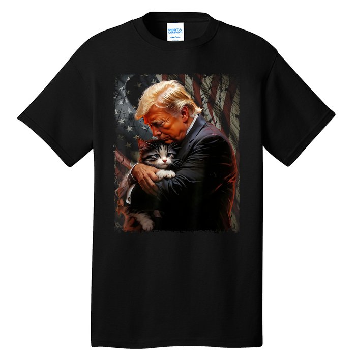 Trump Hugging An Orange Cat 2024 Make Cats Safe Again Tall T-Shirt