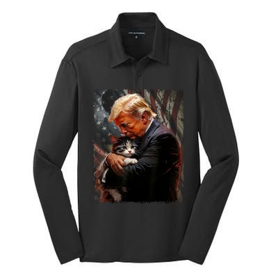 Trump Hugging An Orange Cat 2024 Make Cats Safe Again Silk Touch Performance Long Sleeve Polo