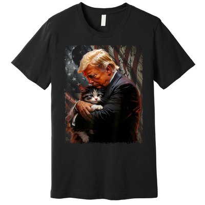 Trump Hugging An Orange Cat 2024 Make Cats Safe Again Premium T-Shirt