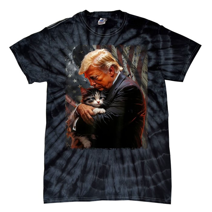 Trump Hugging An Orange Cat 2024 Make Cats Safe Again Tie-Dye T-Shirt