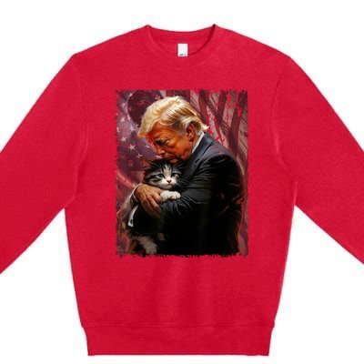 Trump Hugging An Orange Cat 2024 Make Cats Safe Again Premium Crewneck Sweatshirt