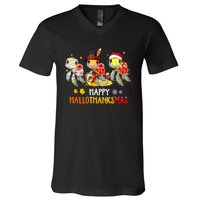 Turtles Halloween And Merry Christmas Happy Hallothanksmas V-Neck T-Shirt