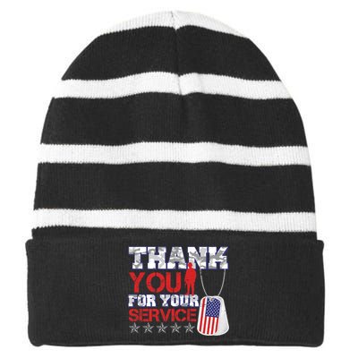 Thank You For Your Service Veterans Day Striped Beanie with Solid Band