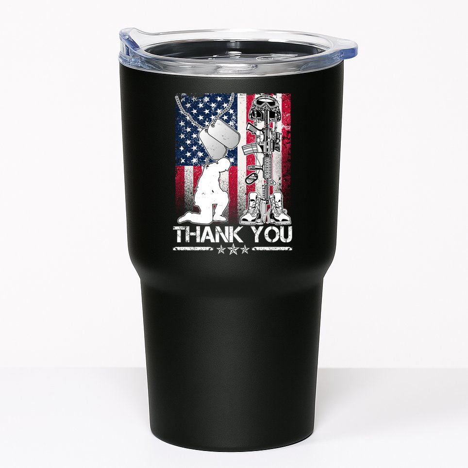 Thank You Memorial Day Distressed Flag Kneeling Soldier Tumbler