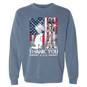 Thank You Memorial Day Distressed Flag Kneeling Soldier Garment-Dyed Sweatshirt