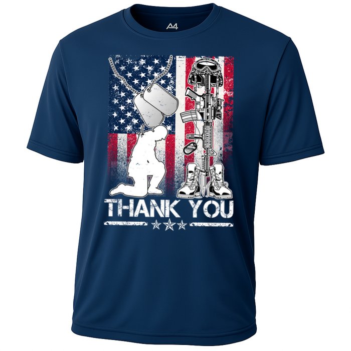 Thank You Memorial Day Distressed Flag Kneeling Soldier Cooling Performance Crew T-Shirt