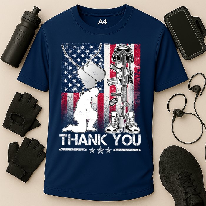 Thank You Memorial Day Distressed Flag Kneeling Soldier Cooling Performance Crew T-Shirt