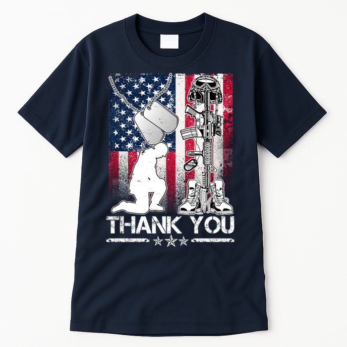Thank You Memorial Day Distressed Flag Kneeling Soldier Tall T-Shirt