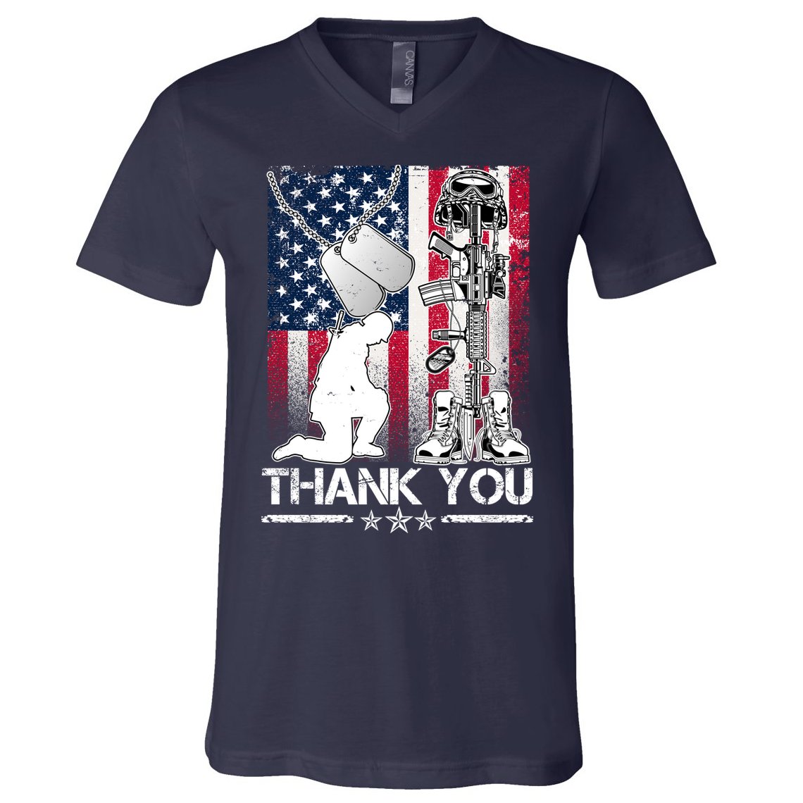 Thank You Memorial Day Distressed Flag Kneeling Soldier V-Neck T-Shirt