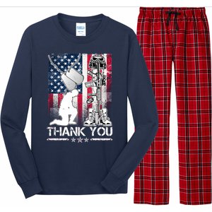 Thank You Memorial Day Distressed Flag Kneeling Soldier Long Sleeve Pajama Set