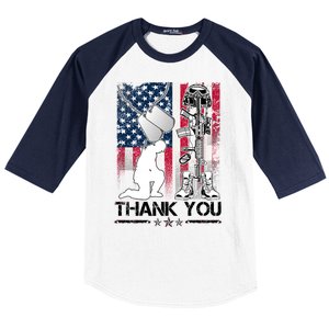 Thank You Memorial Day Distressed Flag Kneeling Soldier Baseball Sleeve Shirt