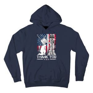 Thank You Memorial Day Distressed Flag Kneeling Soldier Tall Hoodie