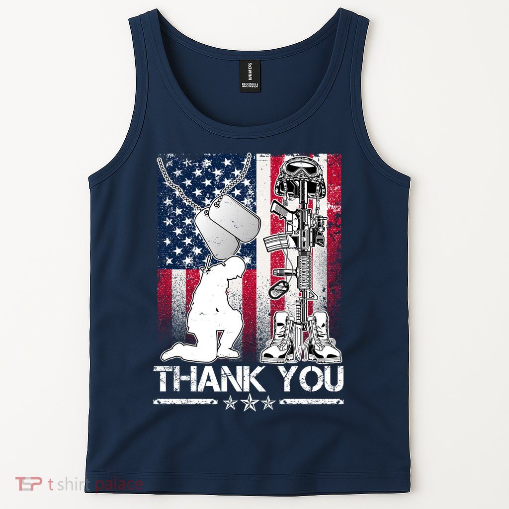 Thank You Memorial Day Distressed Flag Kneeling Soldier Tank Top