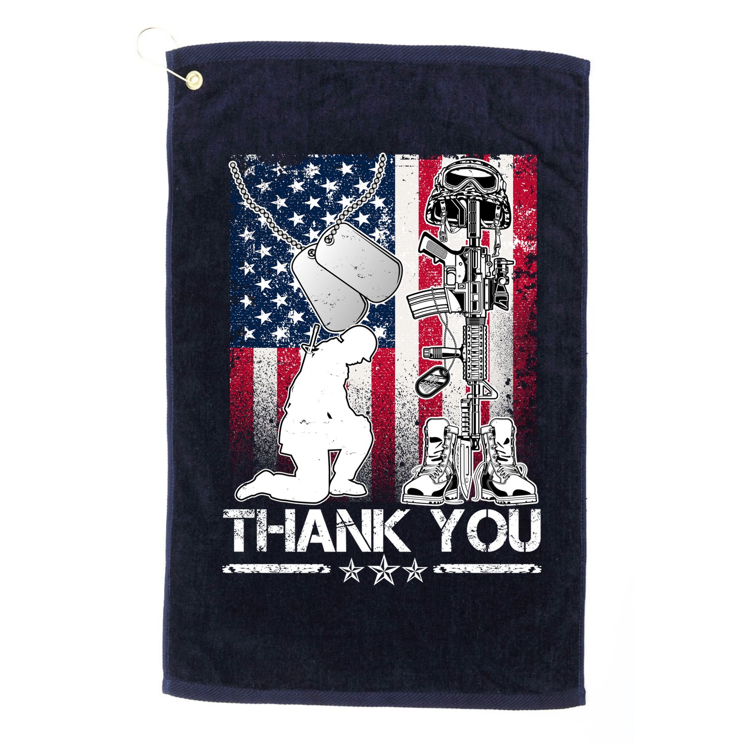 Thank You Memorial Day Distressed Flag Kneeling Soldier Golf Towel