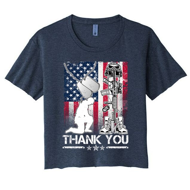 Thank You Memorial Day Distressed Flag Kneeling Soldier Crop Top