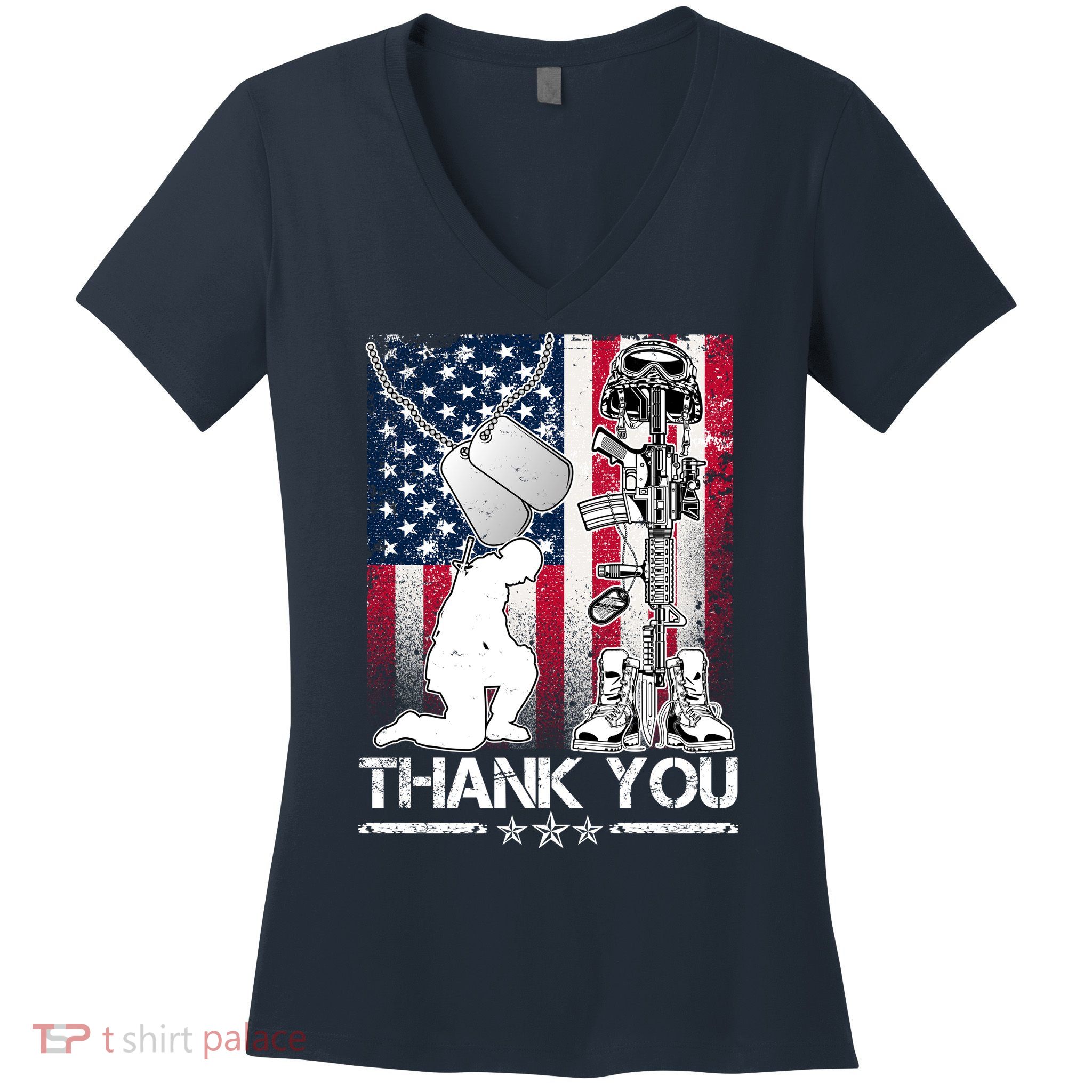 Thank You Memorial Day Distressed Flag Kneeling Soldier Women's V-Neck T-Shirt