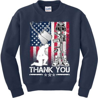 Thank You Memorial Day Distressed Flag Kneeling Soldier Kids Sweatshirt