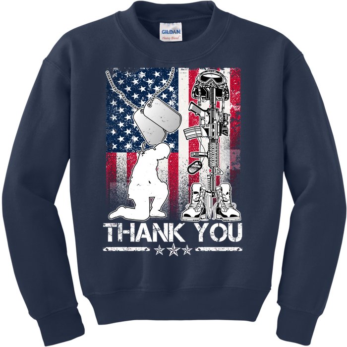 Thank You Memorial Day Distressed Flag Kneeling Soldier Kids Sweatshirt