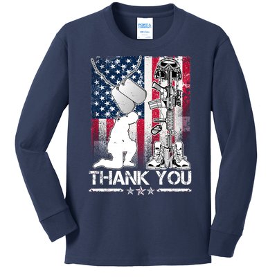 Thank You Memorial Day Distressed Flag Kneeling Soldier Kids Long Sleeve Shirt