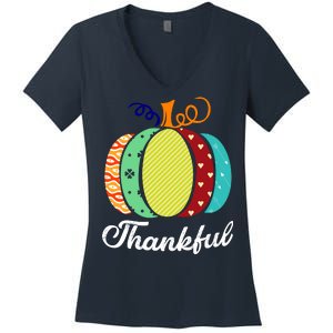 Thankful Floral Pumpkin Women's V-Neck T-Shirt