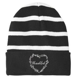 Thankful Floral Wreath Striped Beanie with Solid Band