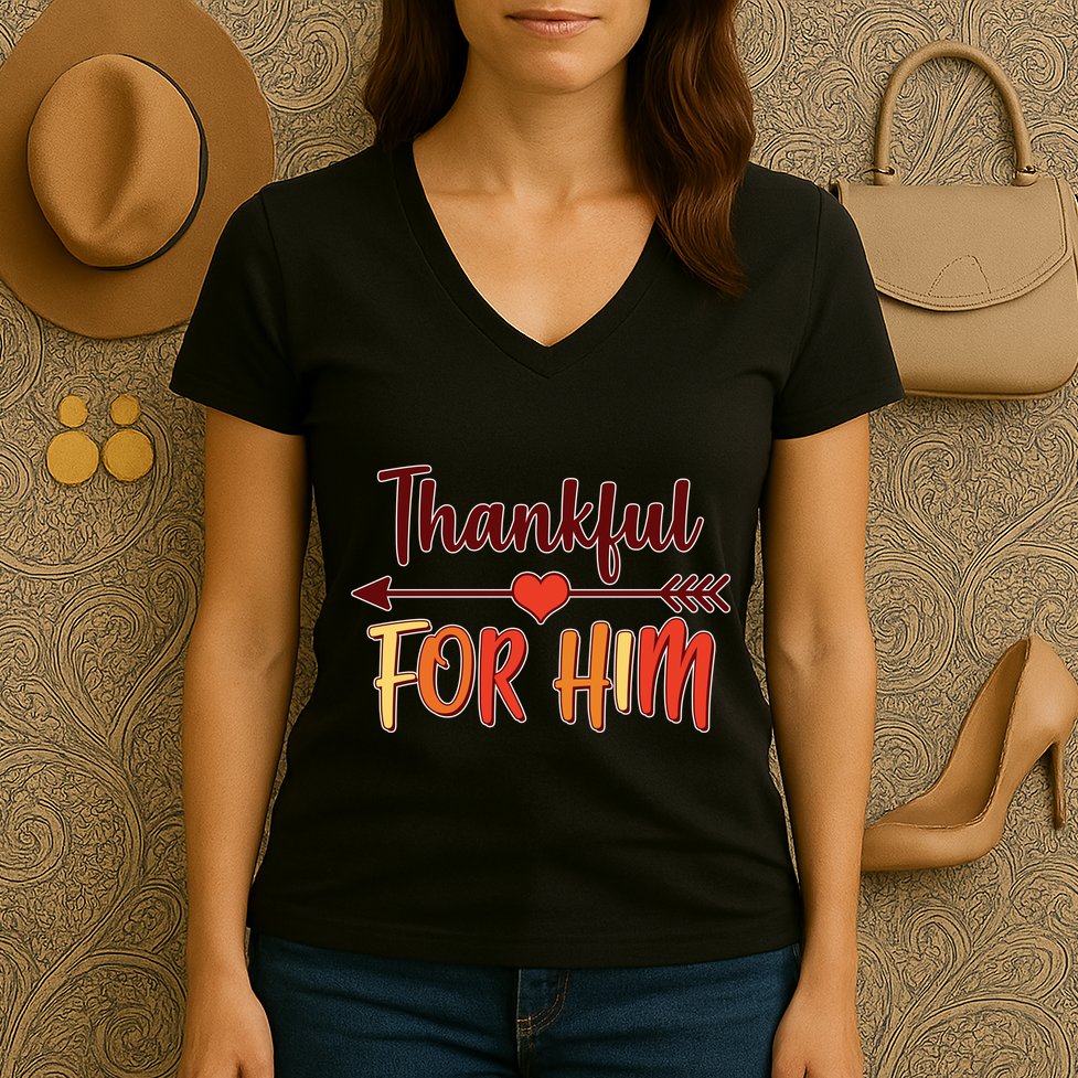 Thankful For Him Matching Thanksgiving Women's V-Neck T-Shirt