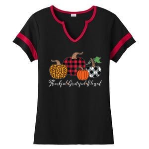 Thankful Grateful Blessed Fashion Buffalo Plaid Leopard Ladies Halftime Notch Neck Tee