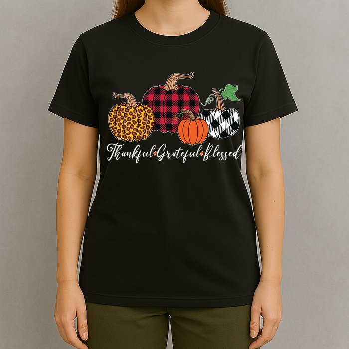 Thankful Grateful Blessed Fashion Buffalo Plaid Leopard T-Shirt