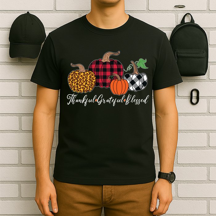 Thankful Grateful Blessed Fashion Buffalo Plaid Leopard T-Shirt