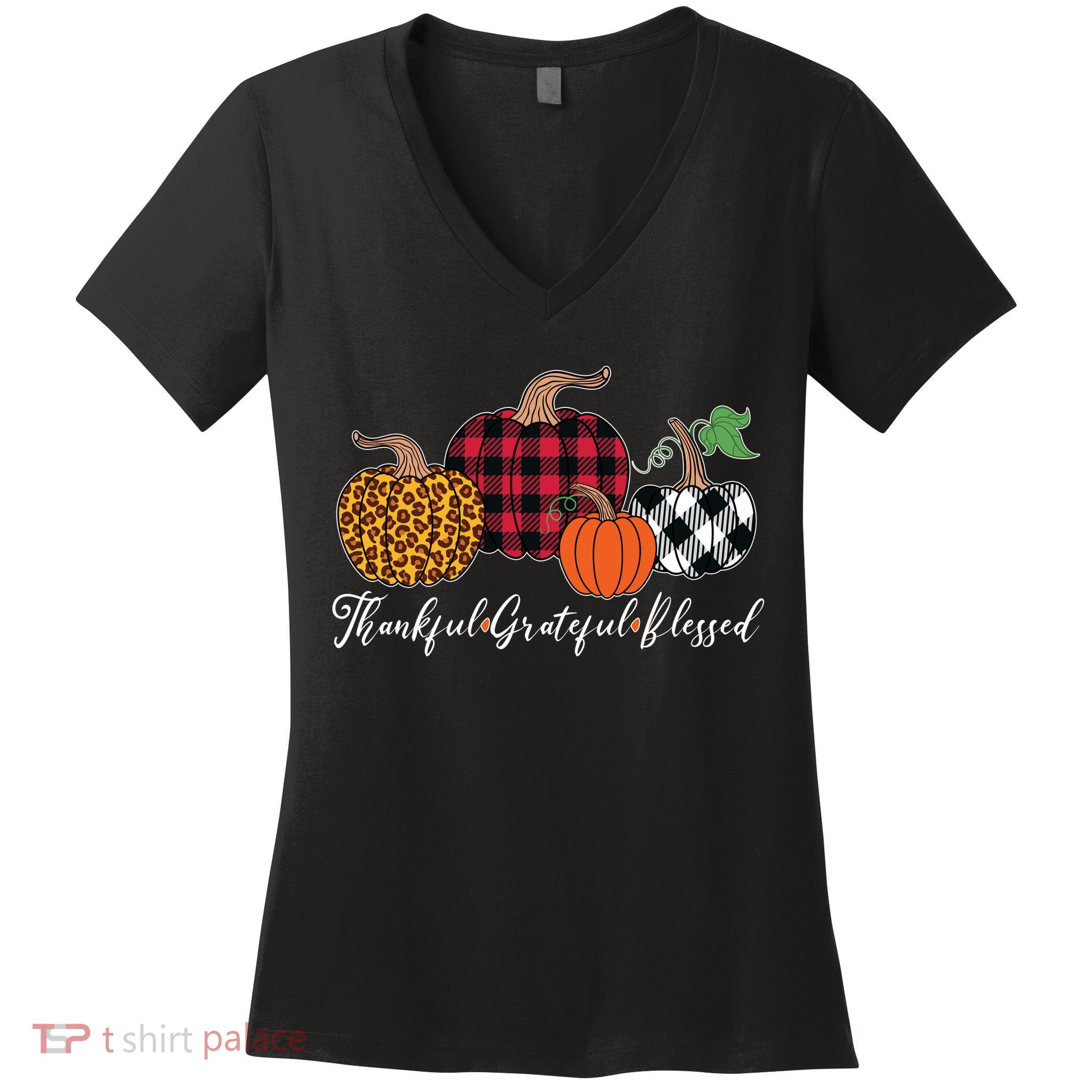 Thankful Grateful Blessed Fashion Buffalo Plaid Leopard Women's V-Neck T-Shirt