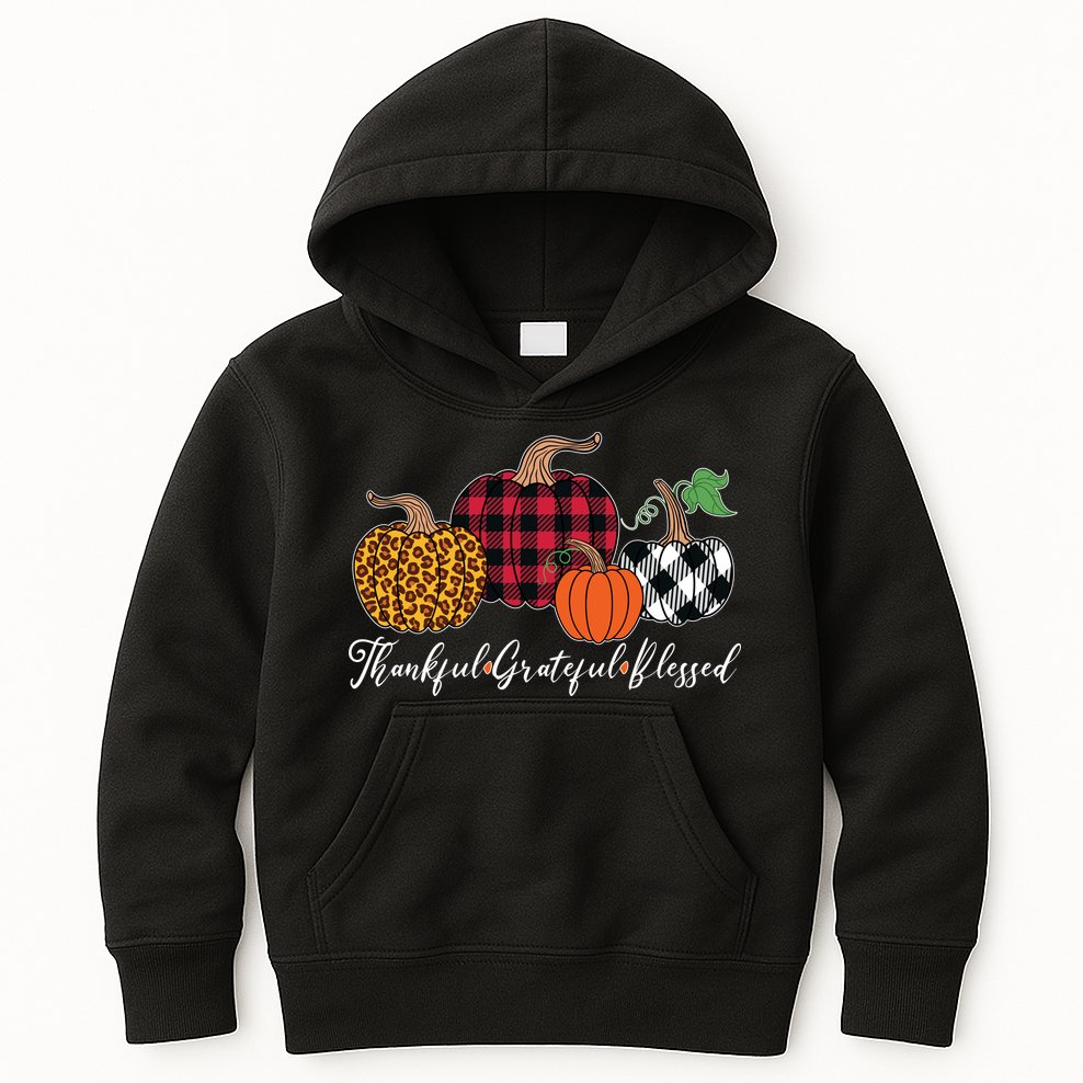Thankful Grateful Blessed Fashion Buffalo Plaid Leopard Kids Hoodie