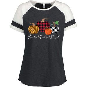 Thankful Grateful Blessed Fashion Buffalo Plaid Leopard Enza Ladies Jersey Colorblock Tee