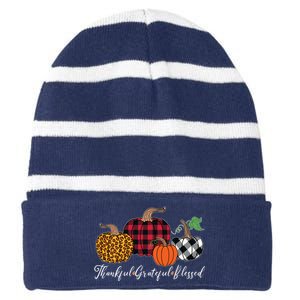 Thankful Grateful Blessed Fashion Buffalo Plaid Leopard Striped Beanie with Solid Band