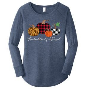 Thankful Grateful Blessed Fashion Buffalo Plaid Leopard Women's Perfect Tri Tunic Long Sleeve Shirt