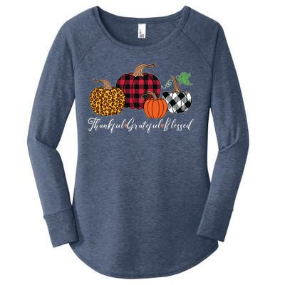 Thankful Grateful Blessed Fashion Buffalo Plaid Leopard Women's Perfect Tri Tunic Long Sleeve Shirt